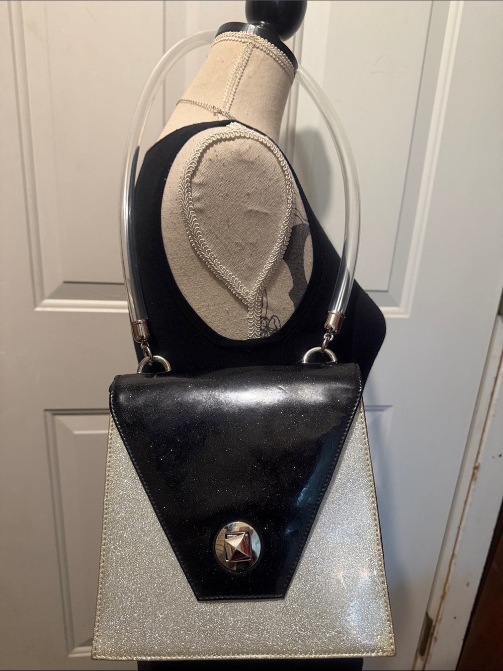 Black Red Silver Structured Women's Bag
